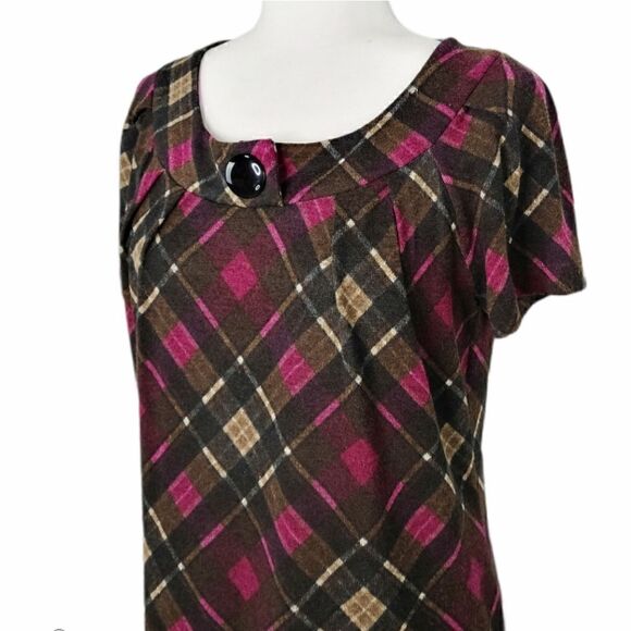 AGB Plaid Pink Brown Black Sheath Dress Crew Neck Short Sleeve Button Women’s 6 - Picture 8 of 13